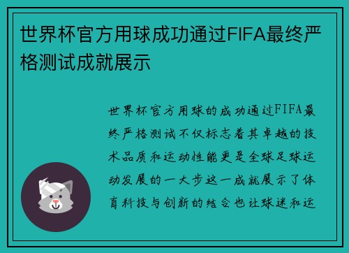 世界杯官方用球成功通过FIFA最终严格测试成就展示