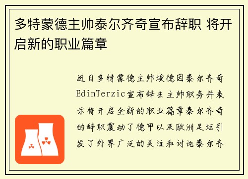 多特蒙德主帅泰尔齐奇宣布辞职 将开启新的职业篇章